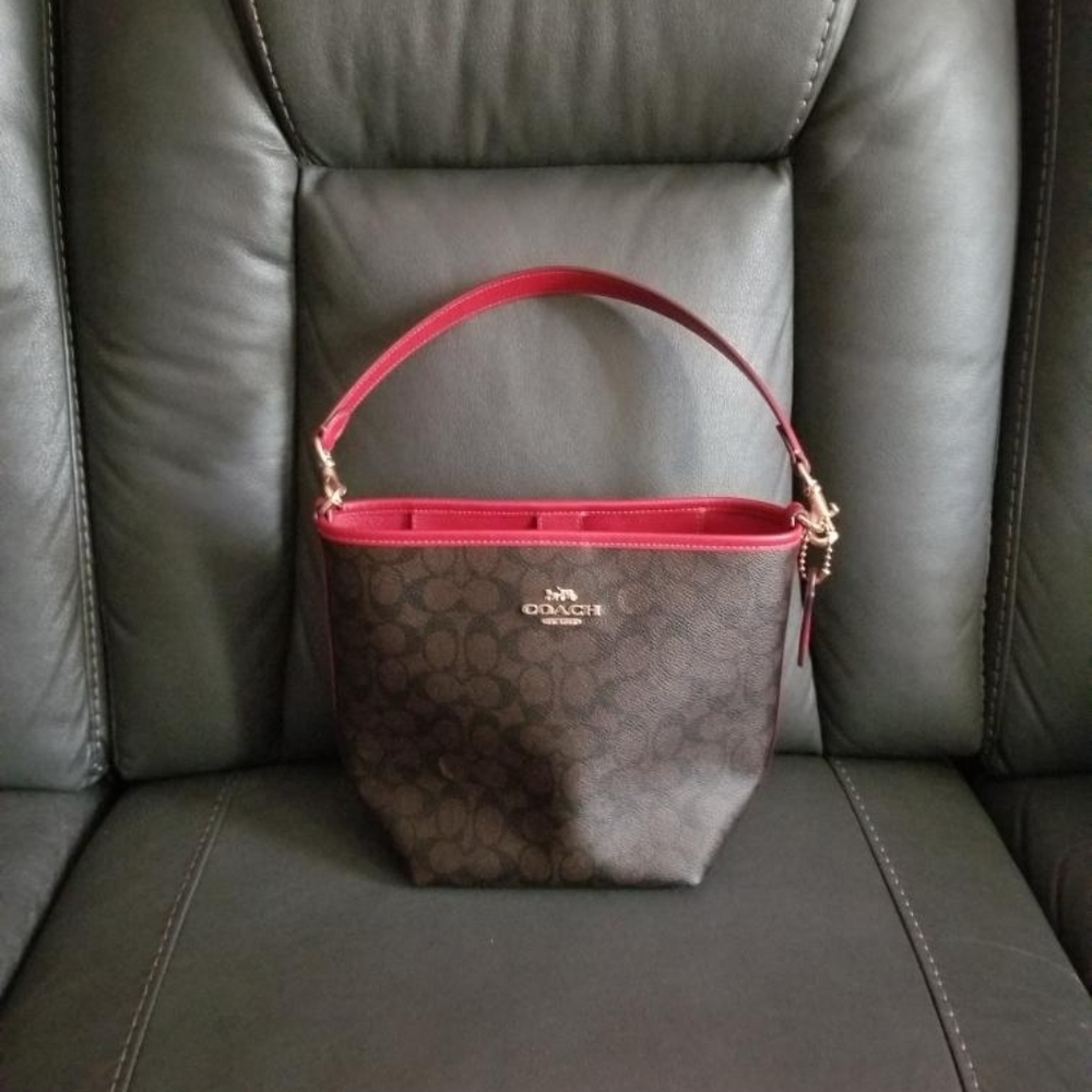 Coach Brown Signature Canvas Bucket Bag with Red Trim